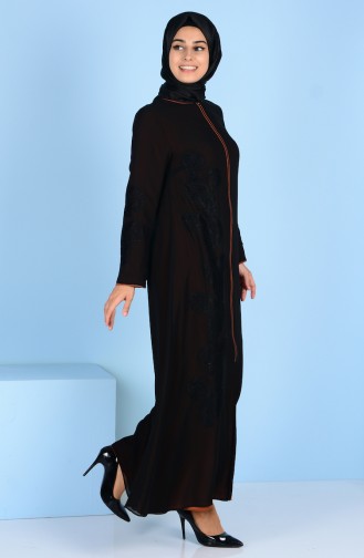 Abaya Détail Dentelle 4077-07 Noir Brique 4077-07