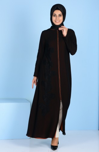 Abaya Détail Dentelle 4077-07 Noir Brique 4077-07