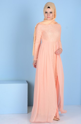 Lacing Covered Evening Dress 0112-01 Salmon 0112-01