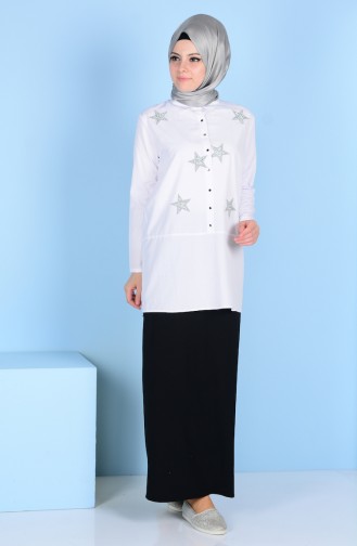 Stone Print Shirt with Buttons 2038-01 White 2038-01