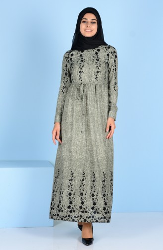 Desenli Elbise 2042-02 Yeşil