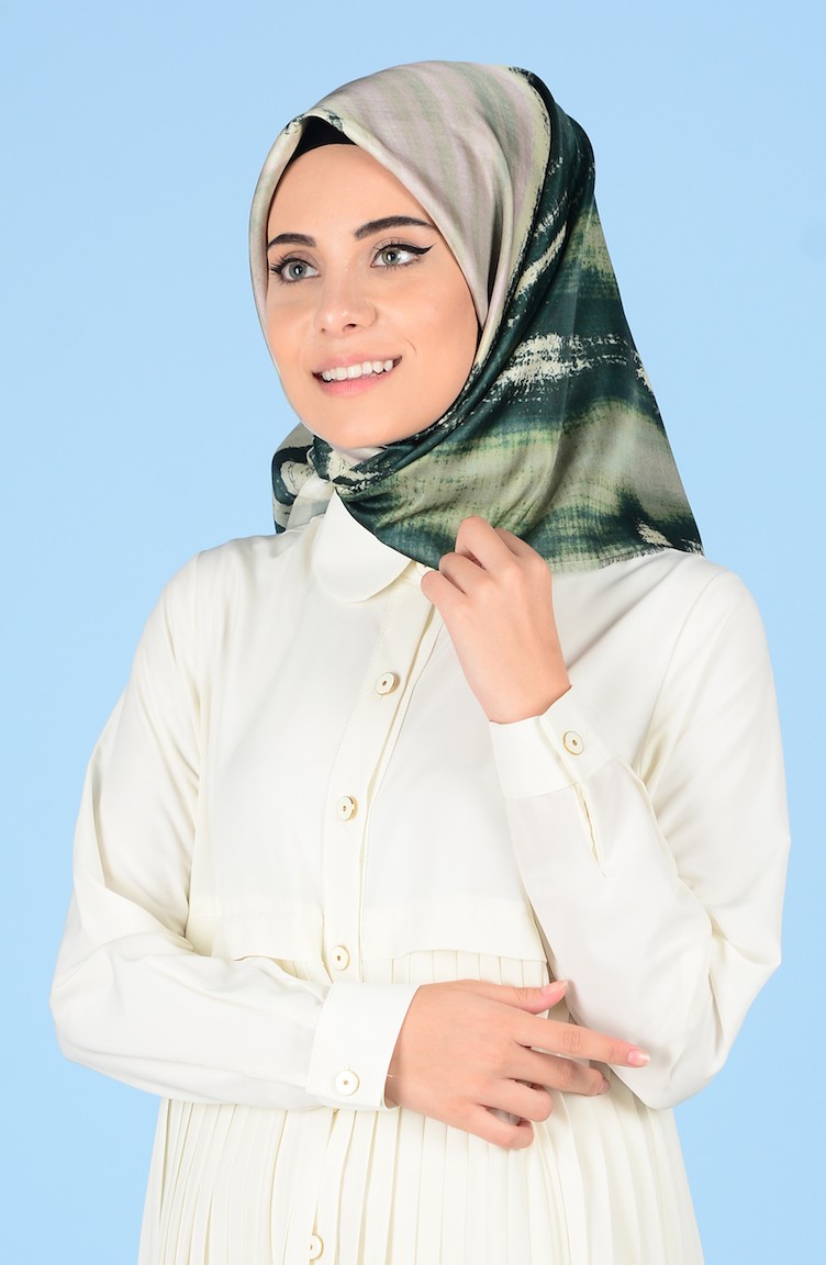 Dijital Baskılı Tafta Eşarp 95019-04 Yeşil Koyu Yeşil