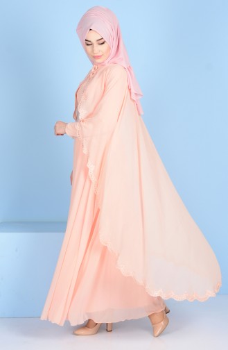 Pelerin Detaylı Abiye Elbise 1087-04 Somon
