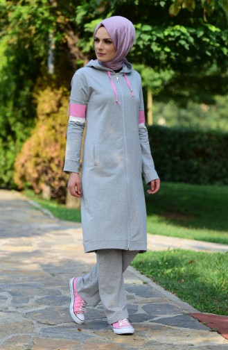 Islamic Sportswear Suit with Zipper and Hood 17028-03 Grey 17028-03