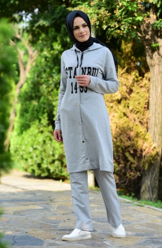 Islamic Sportswear Suit with Snap-Fastener and Hood 17033-03 Grey 17033-03