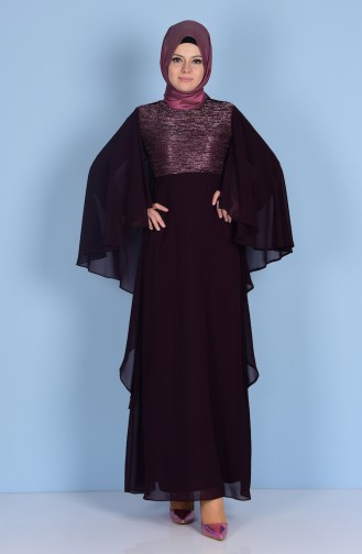 Simli Şifon Elbise 99087-03 Mürdüm