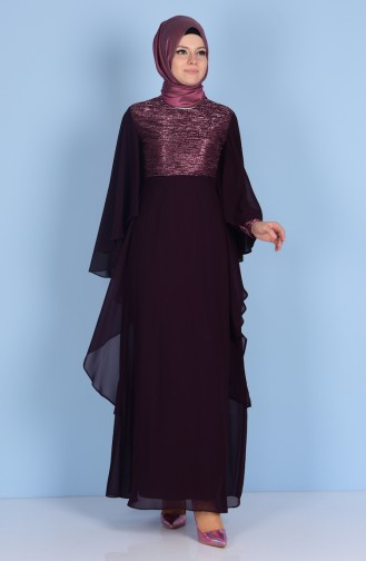 Simli Şifon Elbise 99087-03 Mürdüm