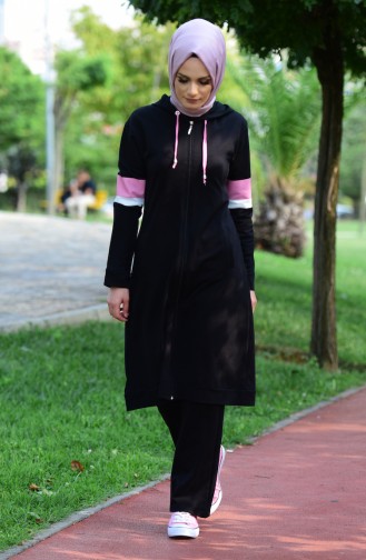 Islamic Sportswear Suit with Zipper and Hood 17028-01 Black 17028-01