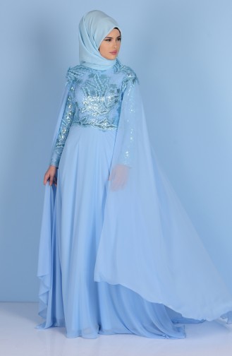 Robe de Soirée Bordée de Paillettes 7228-02 Bleu Bébé 7228-02