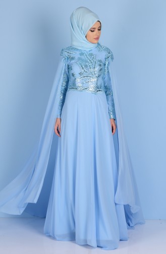 Robe de Soirée Bordée de Paillettes 7228-02 Bleu Bébé 7228-02