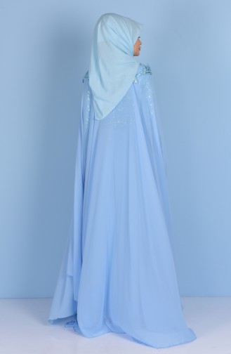 Robe de Soirée Bordée de Paillettes 7228-02 Bleu Bébé 7228-02