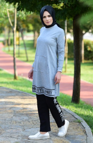 Islamic Sportswear Suit with Print 6126-03 Grey Black 6126-03