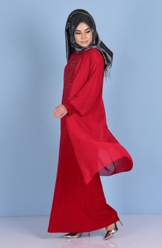 Taş Detaylı Abiye Elbise 7000-03 Kırmızı