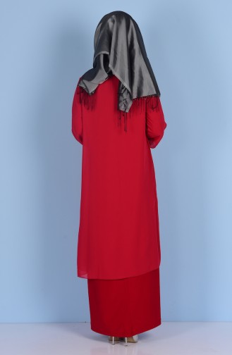 Taş Detaylı Abiye Elbise 7000-03 Kırmızı
