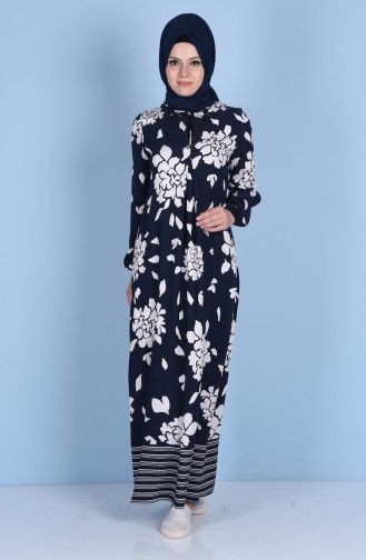 Viskon Desenli Elbise 1338-01 Lacivert Beyaz