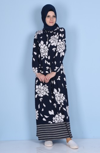 Viskon Desenli Elbise 1338-01 Lacivert Beyaz