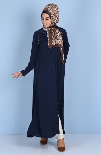 Abaya with Hidden Buttons 7305-01 Navy Blue 7305-01