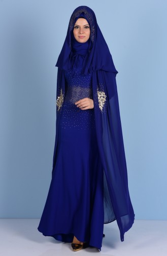 Evening Dress with Cape and Stones 7001-03 Saxon Blue 7001-03