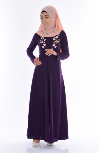 Detailed Dress with Belt 6110-04 Purple 6110-04