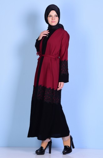 Laced Detailed Abaya 7724-03 Claret Red 7724-03