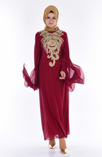Cape Detailed Dress 3132-02 Claret Red 3132-02
