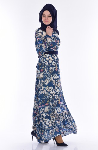 فستان مُطبع بتصميم حزام خصر 7811-03 لون زهري 7811-03