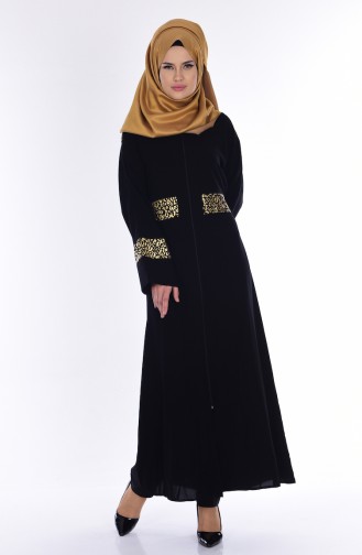 Abaya Jacquard a Fermeture 7717-01 Noir 7717-01