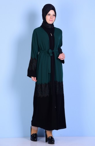 Abaya Détail Dentelle 7724-04 Vert Emeraude 7724-04