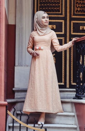 Kuşaklı Elbise 6111-04 Açık Somon 6111-04