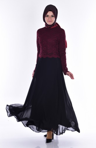 Laced Chiffon Dress 8830-02 Claret Red Black 8830-02