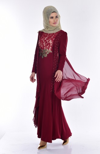 Lace Detailed Evening Dress 7004-03 Claret Red 7004-03
