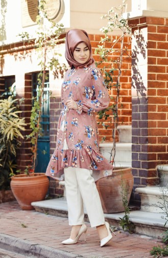 Desenli Asimetrik Tunik 4994-05 Gül Kurusu