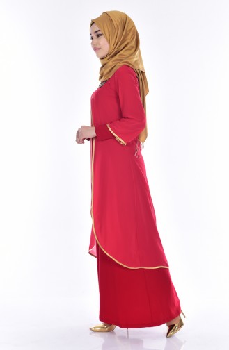 Robe de Soirée Detaillé de Perle 7003-01 Kırmızı 7003-01