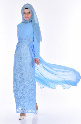Laced Chiffon Evening Dress 9999-02 Blue 9999-02