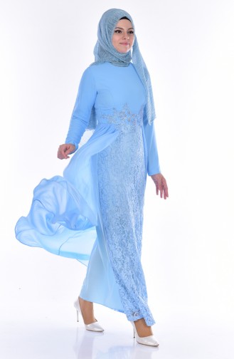 Laced Chiffon Evening Dress 9999-02 Blue 9999-02
