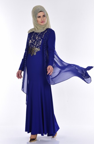 Saks-Blau Hijab-Abendkleider 7004-02