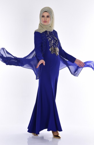 Saks-Blau Hijab-Abendkleider 7004-02