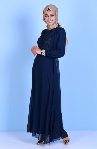 Guipure Detailed Chiffon Evening Dress 52622-07 Navy Blue 52622-07