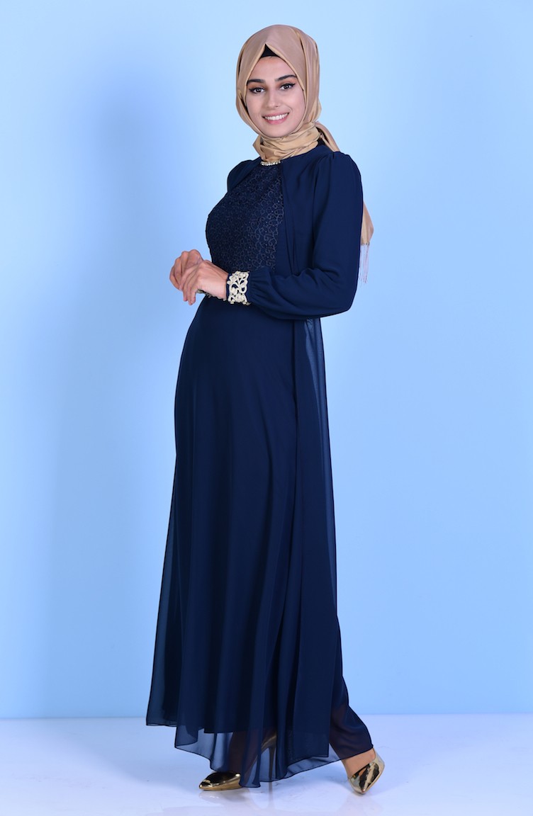 Navy Blue Hijab Evening Dress 52622-07