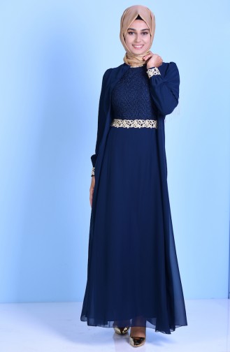 Navy Blue Hijab Evening Dress 52622-07