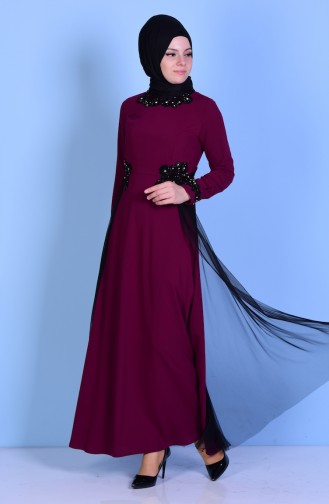 Tulle Detailed Net Evening Dress 3759-02 Purple 3759-02