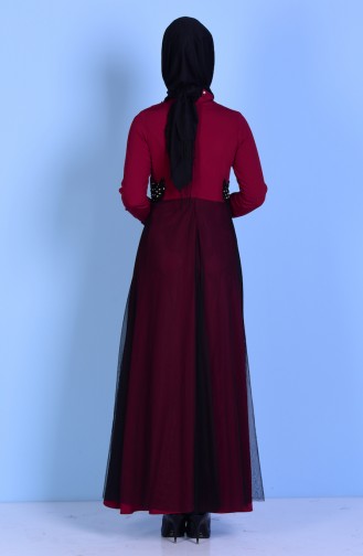 Tül Detaylı Dantelli Abiye Elbise 3759-01 Vişne