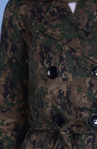Desenli Düğmeli Trençkot 1009-01 Asker Yeşil