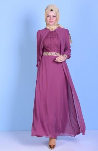 Guipure Detailed Chiffon Evening Dress 52622-03 Dry Rose 52622-03