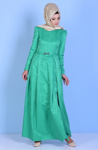 Kemerli Pileli Elbise 2829-01 Yeşil