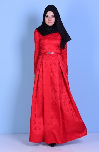 Kemerli Pileli Elbise 2829A-03 Kırmızı