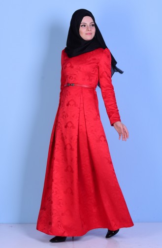 Kemerli Pileli Elbise 2829A-03 Kırmızı