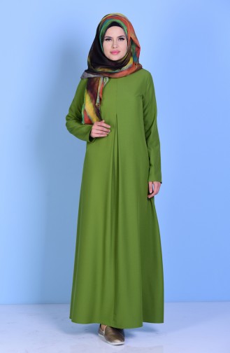 Pileli Krep Elbise 2821-15 Yeşil
