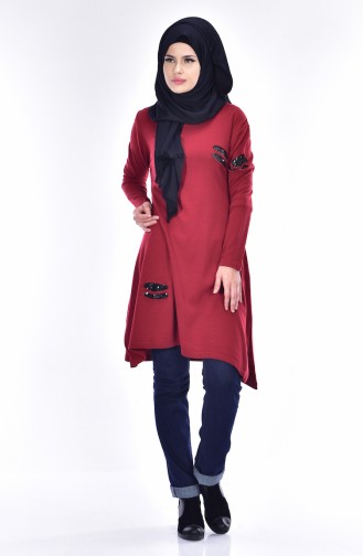 Spangle Detailed Knitwear Tunic 1130-03 Claret Red 1130-03