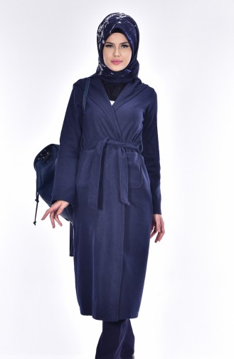 Coat with Belt and Hood 17651-05 Navy Blue 17651-05